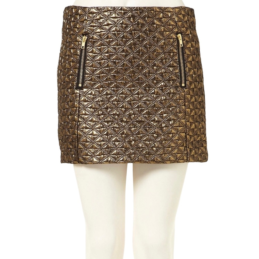 Topshop metallic gold & black‎ embroidered/quilted miniskirt zipper accents, 4